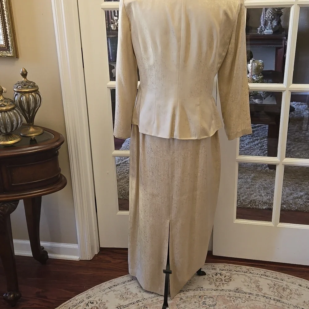 Adrianna Papell 100% Silk Cream Embroidered Beaded Maxi Pencil Skirt Suit 12 EUC